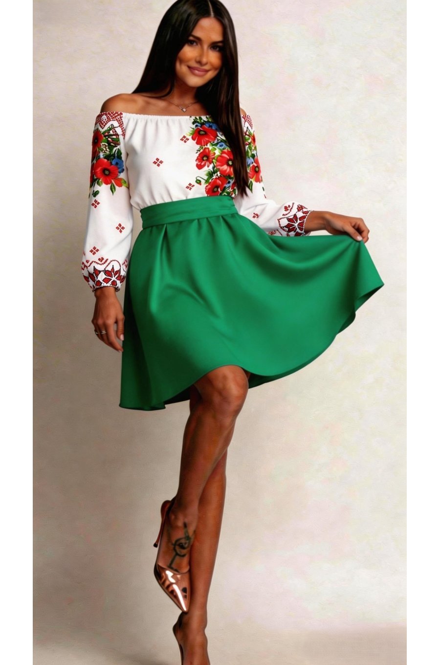 Rochie traditionala midi tafta verde cu maci rosii Azra 1 - jojofashion.ro