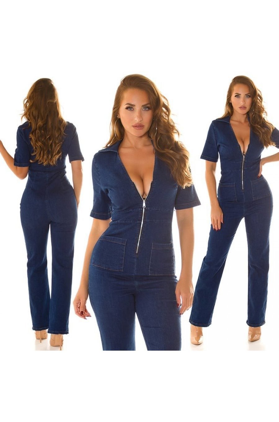 Salopeta de blugi, din denim, albastra, cu fermoar si buzunare, Esmee 7 - jojofashion.ro