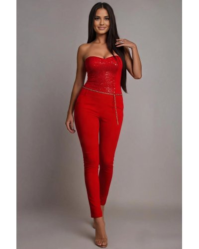 Salopete dama, Salopeta de seara rosie cu paiete, cu umerii goi  Noela - jojofashion.ro