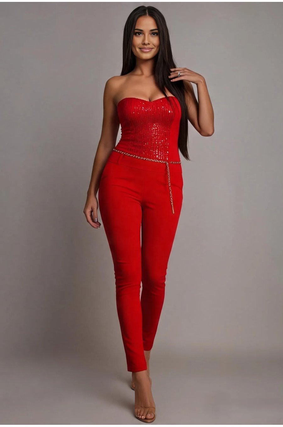 Salopeta de seara rosie cu paiete, cu umerii goi  Noela 1 - jojofashion.ro