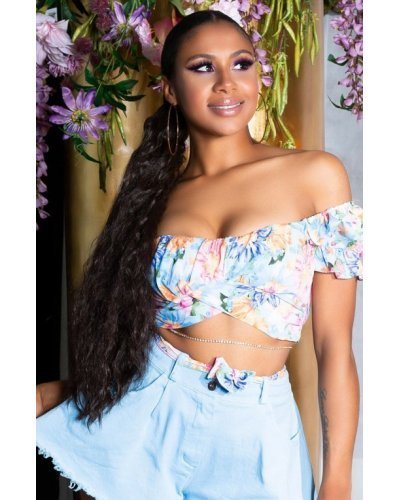 Crop top dama cu bleu flori multicolore Corliss - jojofashion.ro