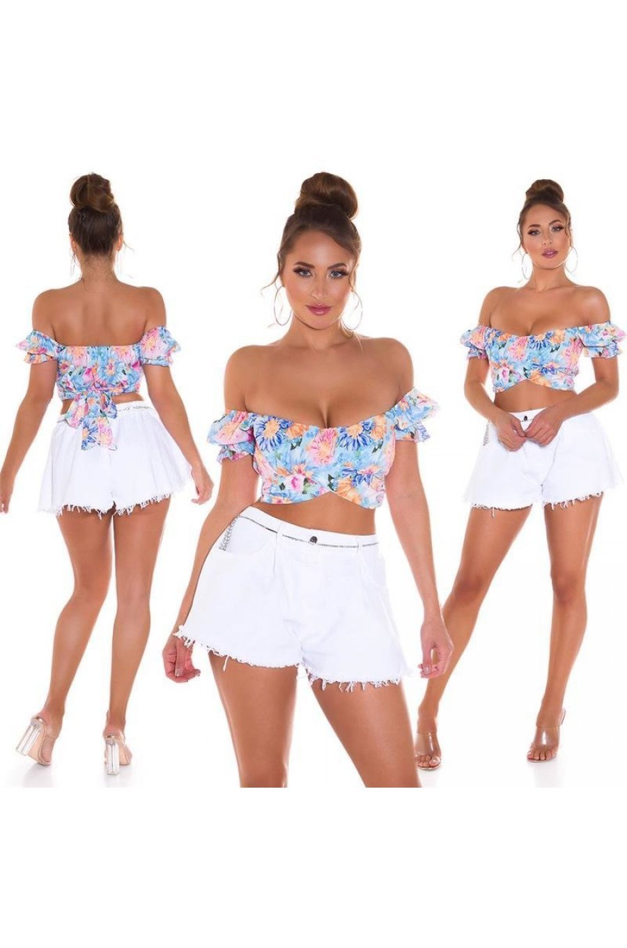 Crop top dama cu bleu flori multicolore Corliss 3 - jojofashion.ro