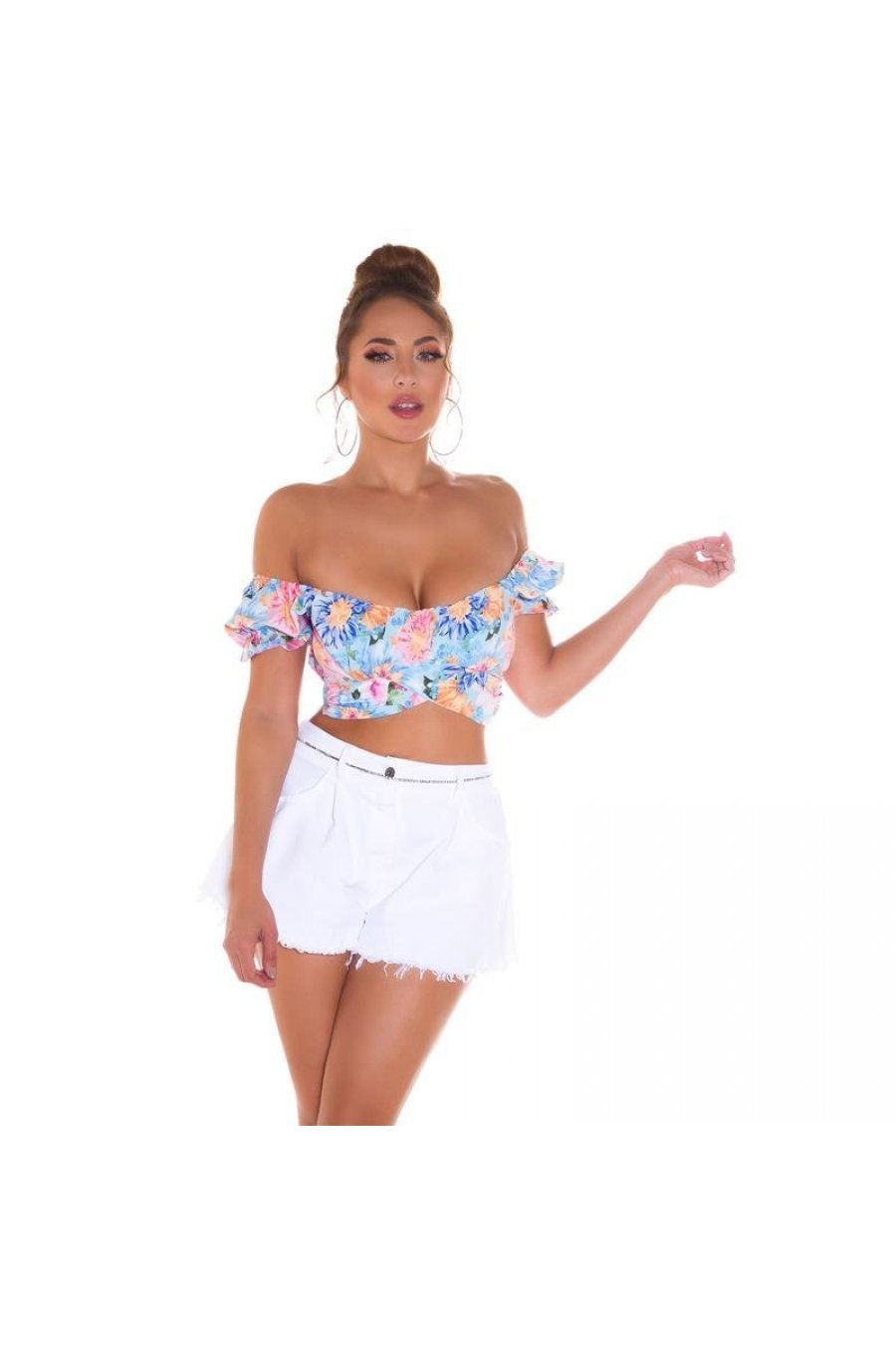 Crop top dama cu bleu flori multicolore Corliss 4 - jojofashion.ro