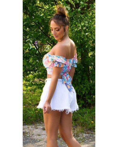 Crop top dama cu bleu flori multicolore Corliss - jojofashion.ro