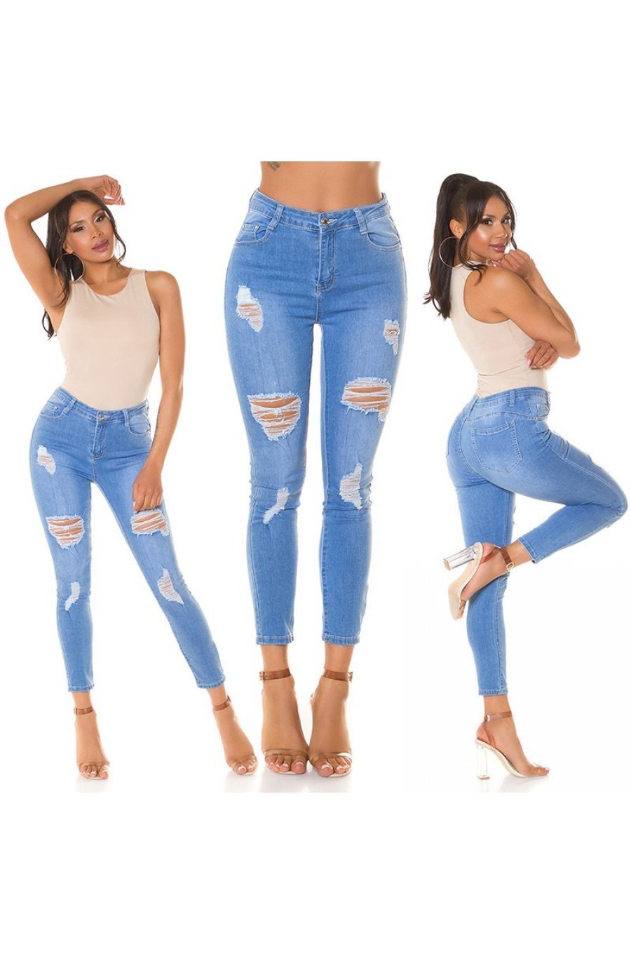 Blugi dama rupti, bleu, denim, mulati, cu talia inalta, Krime 5 - jojofashion.ro