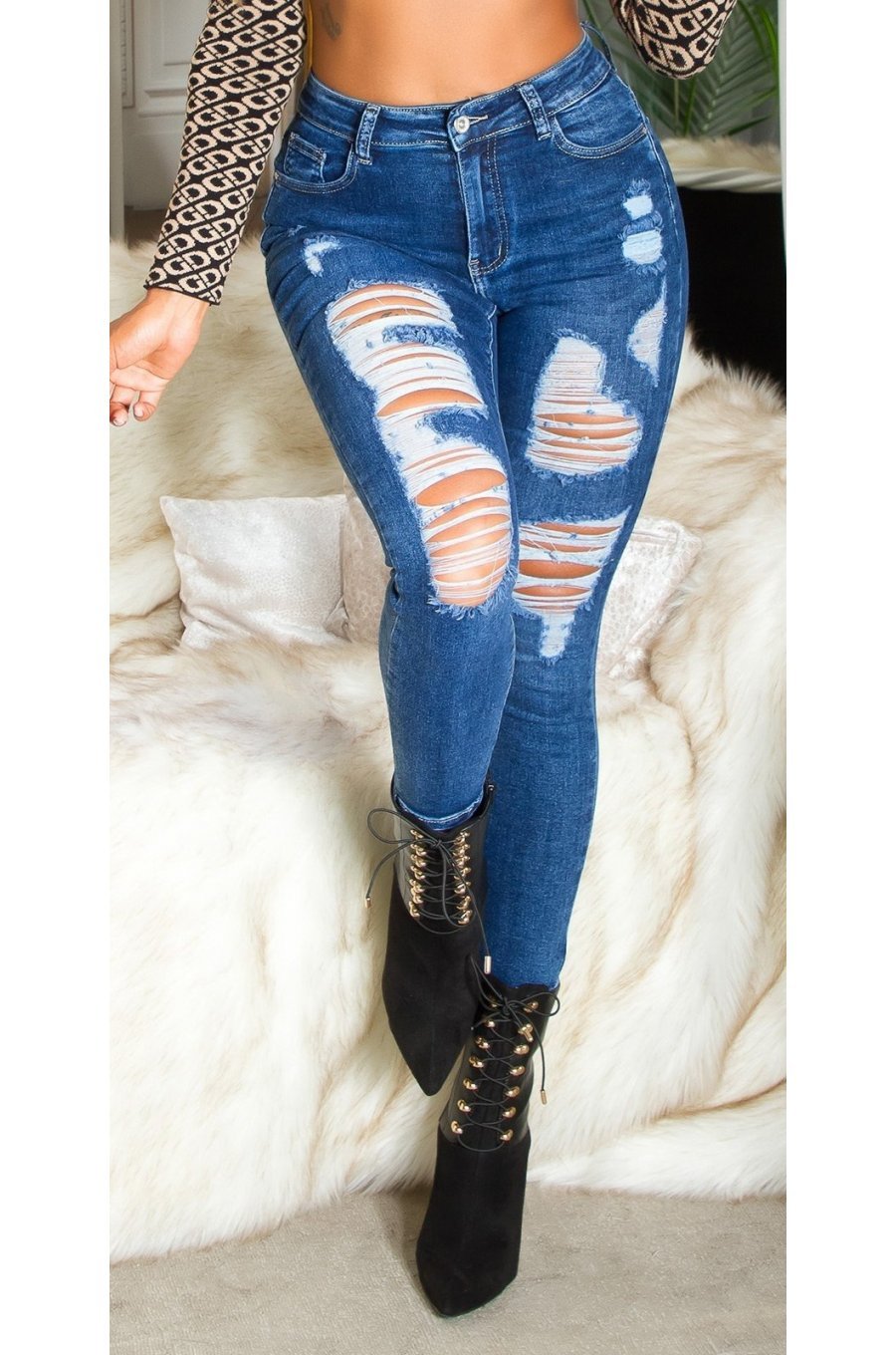 Blugi dama rupti, skinny, din denim, albastri, cu talia inalta, Aryanna 1 - jojofashion.ro