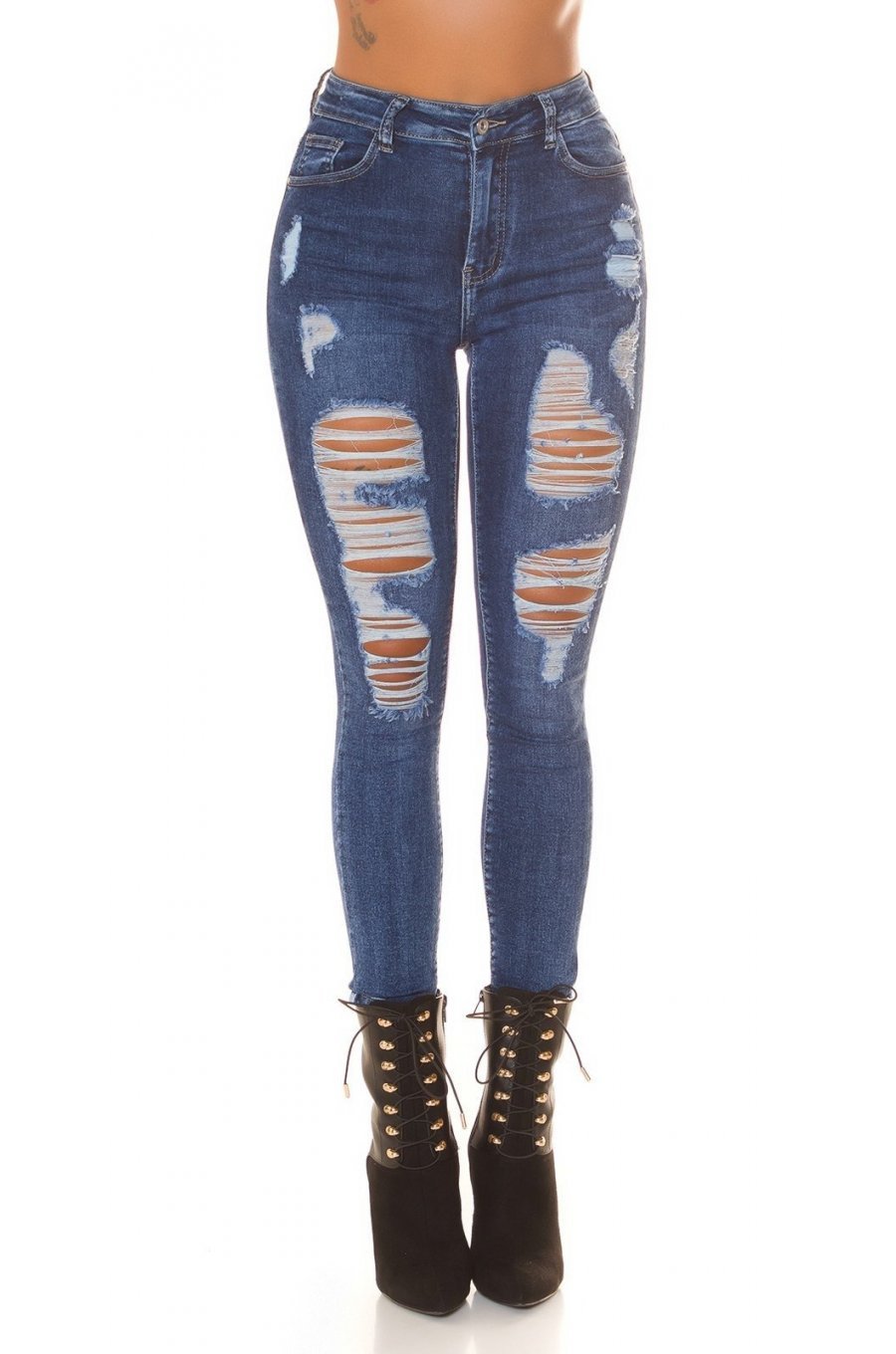 Blugi dama rupti, skinny, din denim, albastri, cu talia inalta, Aryanna 7 - jojofashion.ro