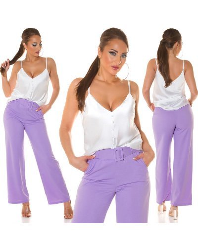 Tinuta bluza dama alba din satin si pantaloni eleganti evazati lila Veronika Tinute de petrecere, Tinuta bluza dama alba din satin si pantaloni eleganti evazati lila Veronika - jojofashion.ro