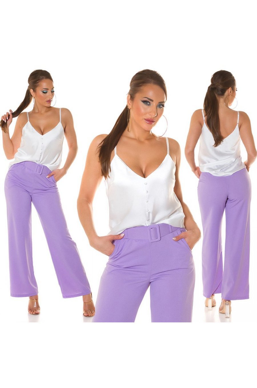 Tinuta bluza dama alba din satin si pantaloni eleganti evazati lila Veronika 1 - jojofashion.ro