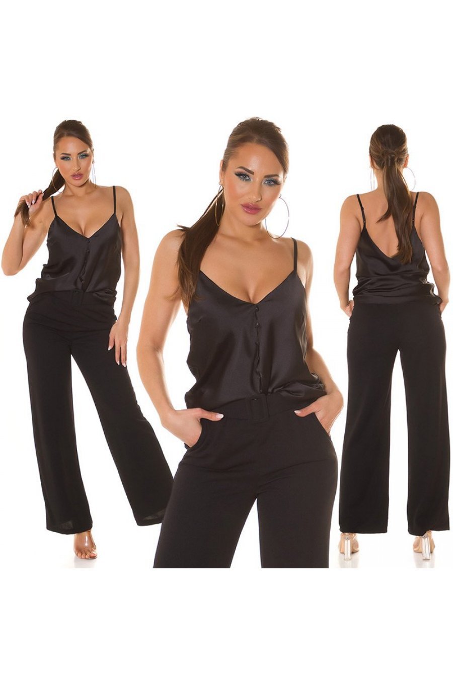 Tinuta bluza dama eleganta neagra din satin si pantaloni eleganti evazati negri Veronika 1 - jojofashion.ro