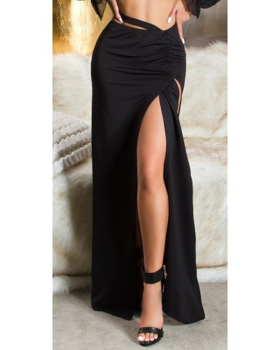 Fusta mulata lunga, neagra, crapata pe picior, Abigail Fuste dama, Fusta mulata lunga, neagra, crapata pe picior, Abigail - jojofashion.ro