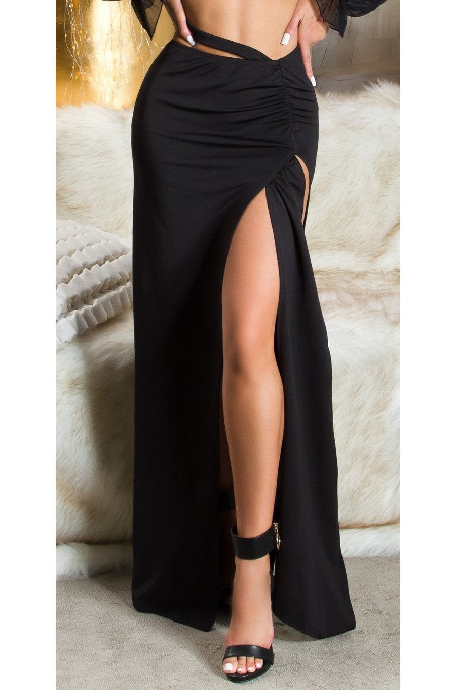 Fusta mulata lunga, neagra, crapata pe picior, Abigail 1 - jojofashion.ro
