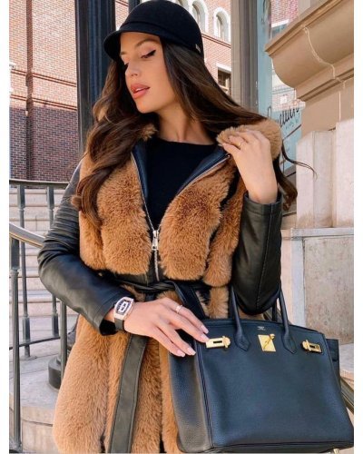 Geaca dama de iarna midi din piele si blana eco maro cu gluga Kadas Geci dama, Geaca dama de iarna midi din piele si blana eco maro cu gluga Kadas - jojofashion.ro