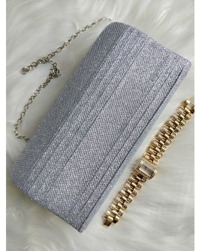 Geanta plic argintiu cu glitter, Melia Genti dama, Geanta plic argintiu cu glitter, Melia - jojofashion.ro