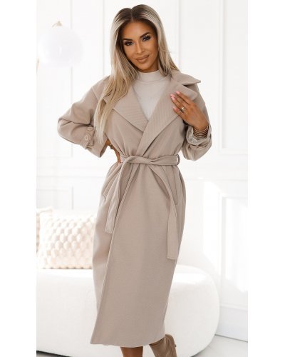 Palton dama elegant, lung, bej, Menevshe Paltoane dama, Palton dama elegant, lung, bej, Menevshe - jojofashion.ro