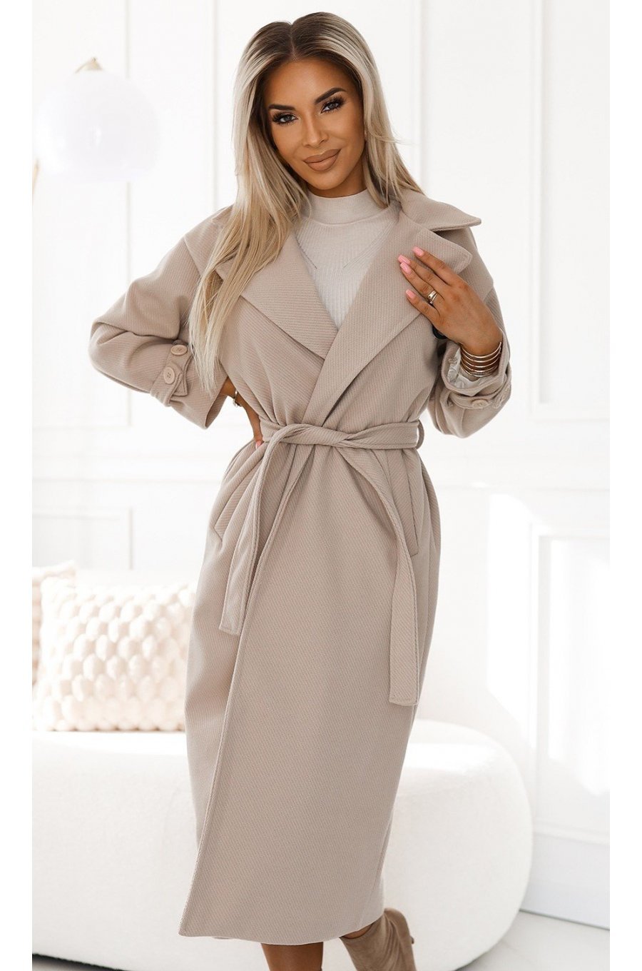 Palton dama elegant, lung, bej, Menevshe Palton dama elegant, lung, bej, Menevshe 1 - jojofashion.ro