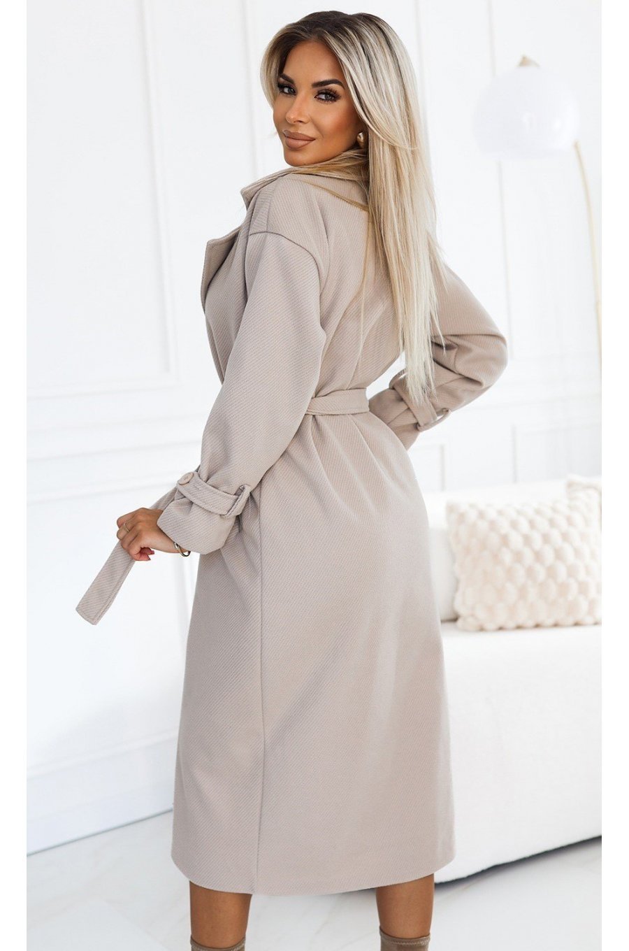 Palton dama elegant, lung, bej, Menevshe Palton dama elegant, lung, bej, Menevshe 2 - jojofashion.ro