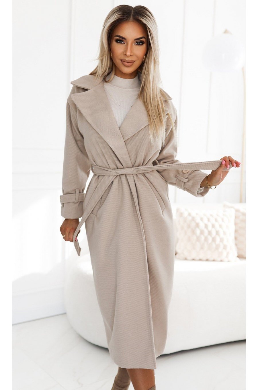 Palton dama elegant, lung, bej, Menevshe Palton dama elegant, lung, bej, Menevshe 3 - jojofashion.ro