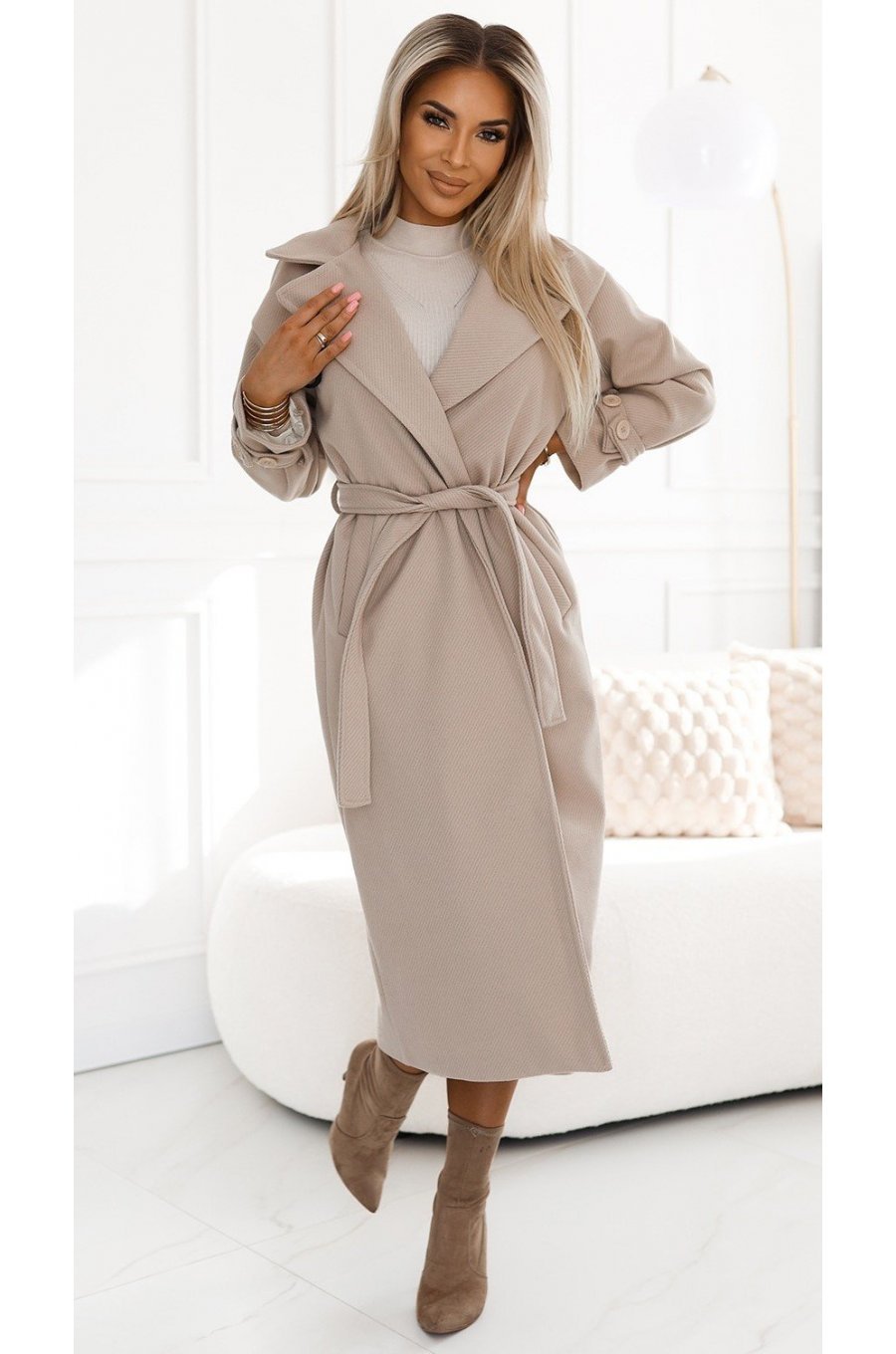 Palton dama elegant, lung, bej, Menevshe Palton dama elegant, lung, bej, Menevshe 4 - jojofashion.ro