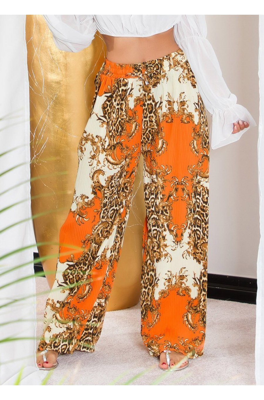 Pantaloni dama evazati largi, de vara, orange, animal print, Amira 1 - jojofashion.ro