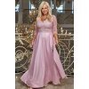 Rochie cununie civila lunga, brocard cu dantela, roz pastelat, cu maneca trei sferturi, Adalyze