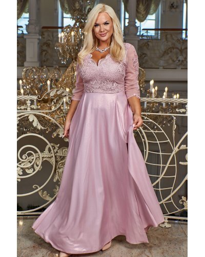 Rochie cununie civila lunga, brocard cu dantela, roz pastelat, cu maneca trei sferturi, Adalyze Rochii lungi, Rochie cununie civila lunga, brocard cu dantela, roz pastelat, cu maneca trei sferturi, Adalyze - jojofashion.ro