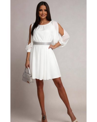 Rochii cununie civila, Rochie cununie civila scurta, din voal, alba, cu maneca trei sferturi, Larra - jojofashion.ro