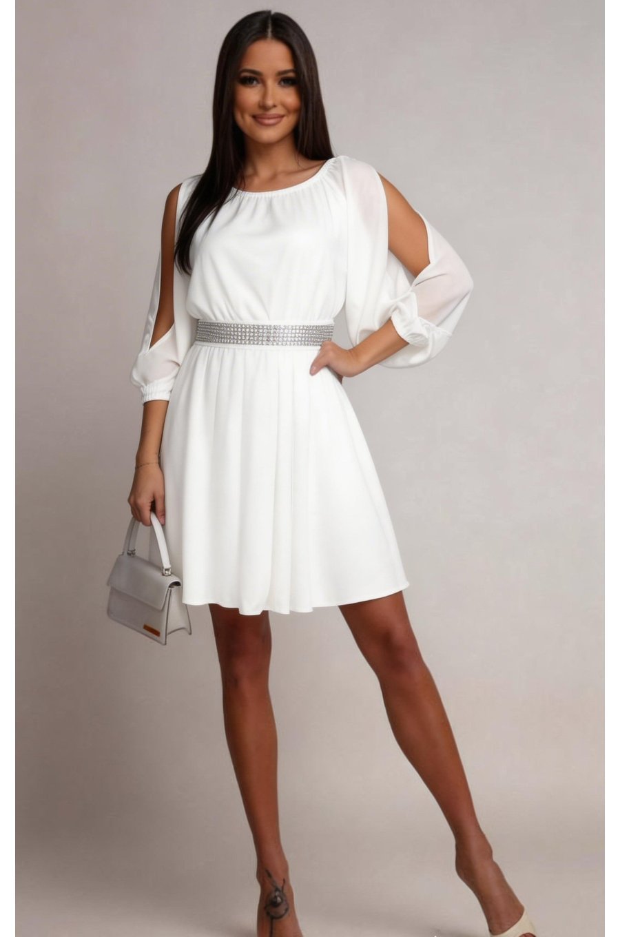 Rochie cununie civila scurta, din voal, alba, cu maneca trei sferturi, Larra 2 - jojofashion.ro