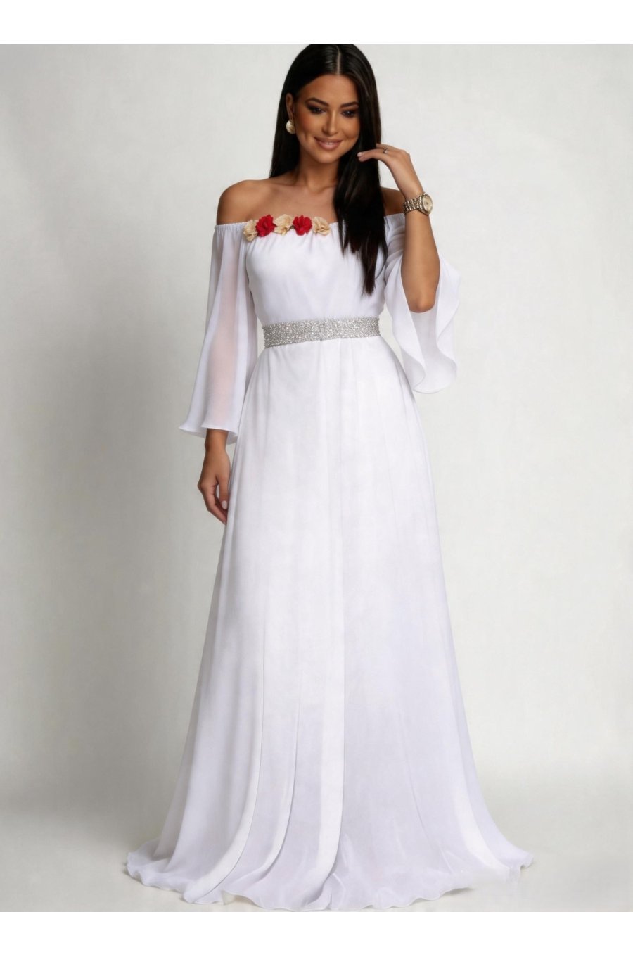 Rochie cununie civila lunga, din voal,alba, cu maneca lunga si umerii goi, FairyTale 3 - jojofashion.ro