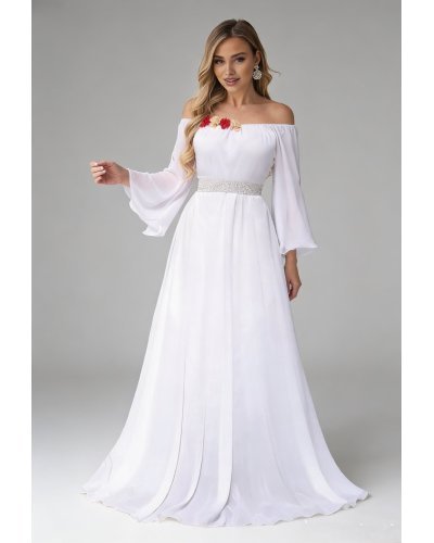 Rochii, Rochie cununie civila lunga, din voal,alba, cu maneca lunga si umerii goi, FairyTale - jojofashion.ro
