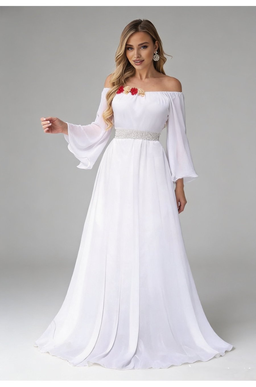 Rochie cununie civila lunga, din voal,alba, cu maneca lunga si umerii goi, FairyTale 2 - jojofashion.ro