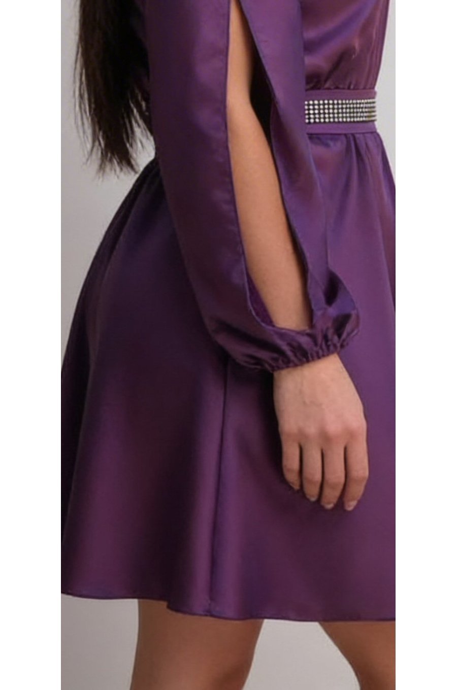 Rochie scurta din satin mov babydoll cu umerii goi Calirroe  2 - jojofashion.ro