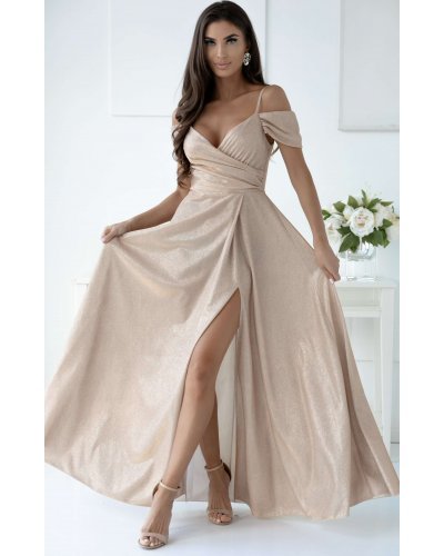 Rochie de ocazie lunga din bumbac si glitter sampanie cu umerii goi ValentinaLux Rochii lungi, Rochie de ocazie lunga din bumbac si glitter sampanie cu umerii goi ValentinaLux - jojofashion.ro