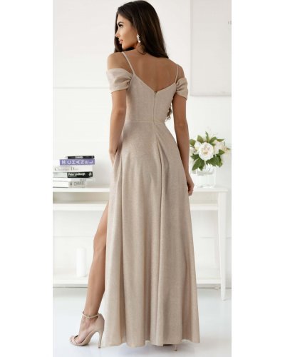 Rochie de ocazie lunga din bumbac si glitter sampanie cu umerii goi ValentinaLux Rochii lungi, Rochie de ocazie lunga din bumbac si glitter sampanie cu umerii goi ValentinaLux - jojofashion.ro