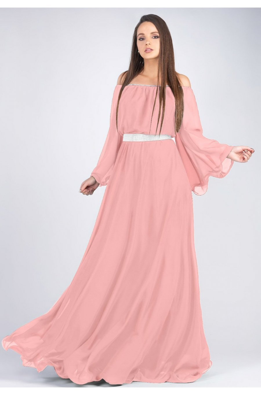 Rochie lunga din voal roz pal vaporoasa Cinderella 1 - jojofashion.ro