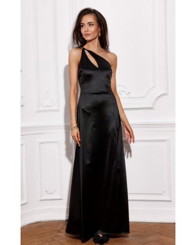 Rochie de ocazie lunga neagra din satin crapata pe picior MoanaR Rochii, Rochie de ocazie lunga neagra din satin crapata pe picior MoanaR - jojofashion.ro