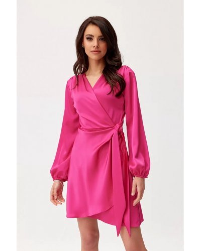 Rochie scurta din satin roz magenta cu maneca lunga petrecuta Labonita Rochii satin, Rochie scurta din satin roz magenta cu maneca lunga petrecuta Labonita - jojofashion.ro