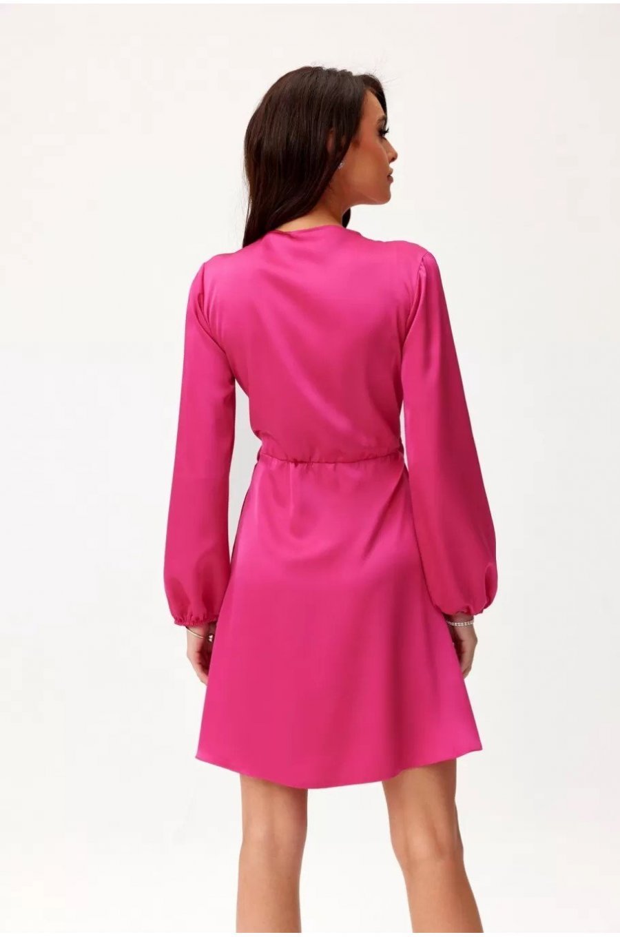 Rochie scurta din satin roz magenta cu maneca lunga petrecuta Labonita 2 - jojofashion.ro
