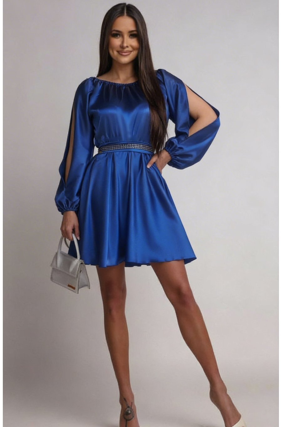 Rochie scurta din satin albastra babydoll cu umerii goi Calirroe  2 - jojofashion.ro