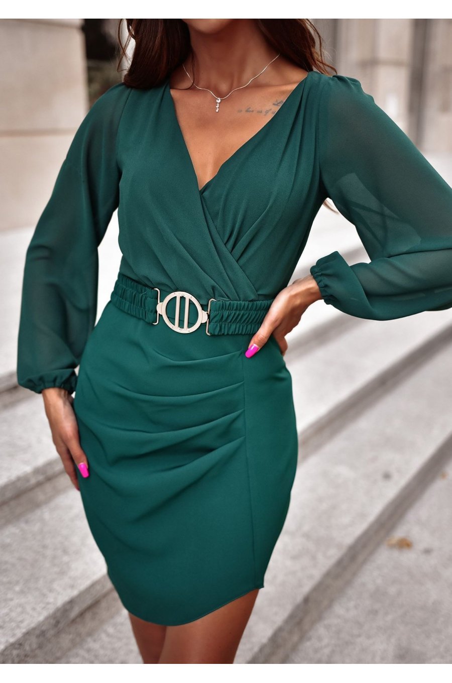 Rochie scurta verde cu maneca lunga MiraW Rochie scurta verde cu maneca lunga MiraW 1 - jojofashion.ro