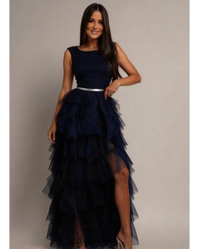 Rochie lunga din tul bleumarin cu pene  Dana - jojofashion.ro