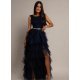 Rochie lunga din tul bleumarin cu pene  Dana 2 - jojofashion.ro