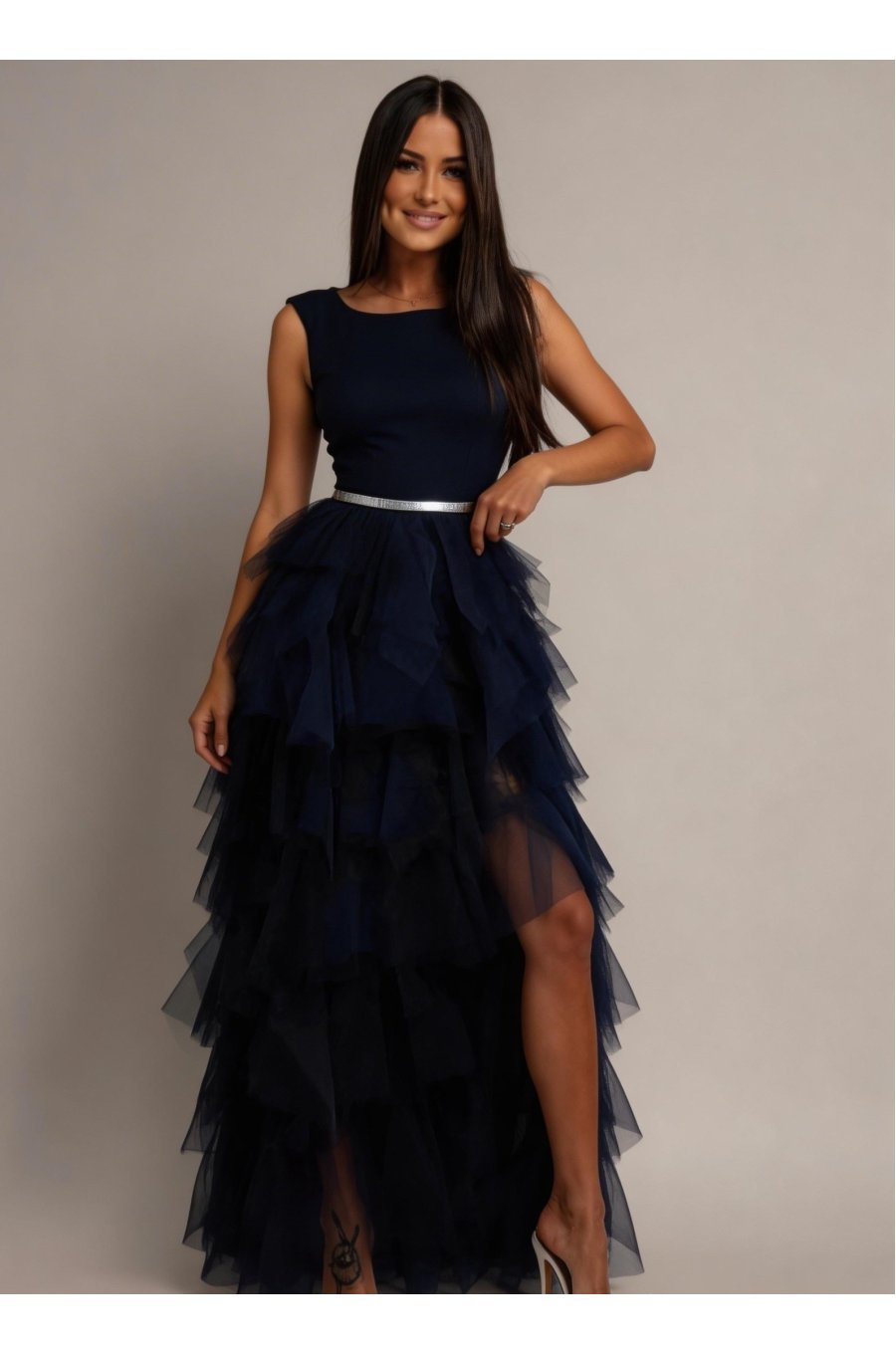 Rochie lunga din tul bleumarin cu pene  Dana 1 - jojofashion.ro