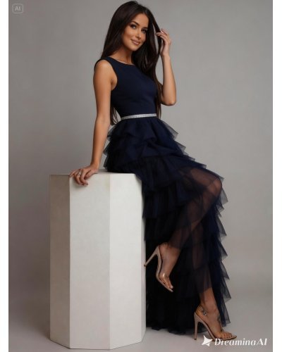 Rochie lunga din tul bleumarin cu pene  Dana - jojofashion.ro