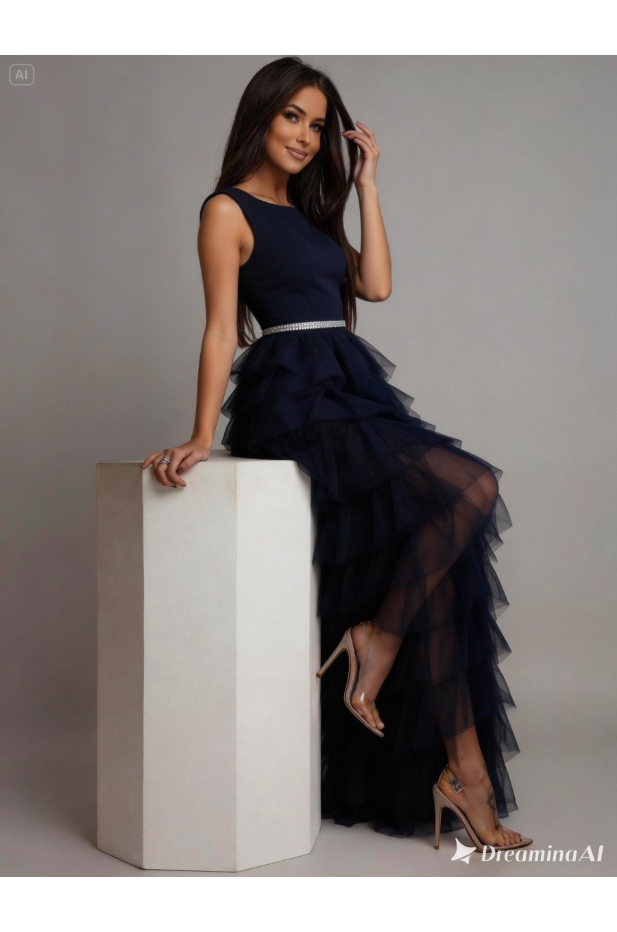 Rochie lunga din tul bleumarin cu pene  Dana 2 - jojofashion.ro