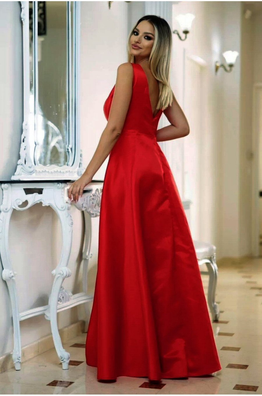 Rochie lunga rosie din tafta Carra 2 - jojofashion.ro