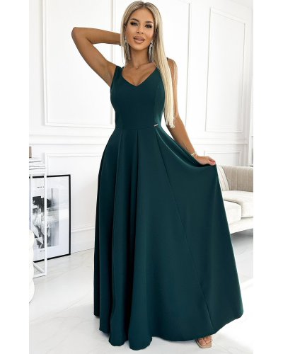 Rochii verzi, Rochie lunga verde smarald vaporoasa clasica Cindy - jojofashion.ro