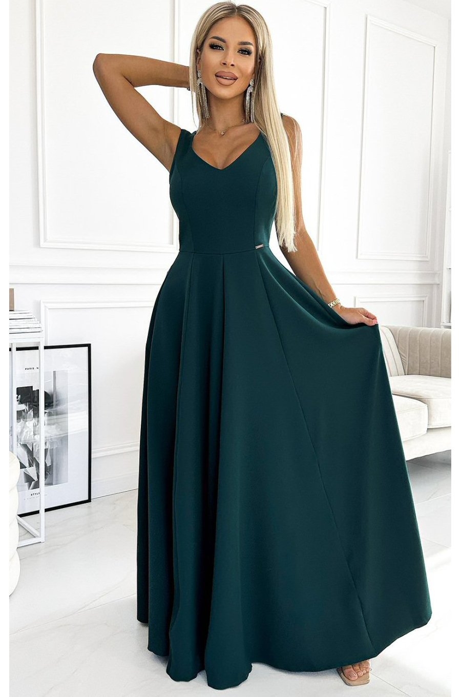 Rochie lunga verde smarald vaporoasa clasica Cindy 1 - jojofashion.ro