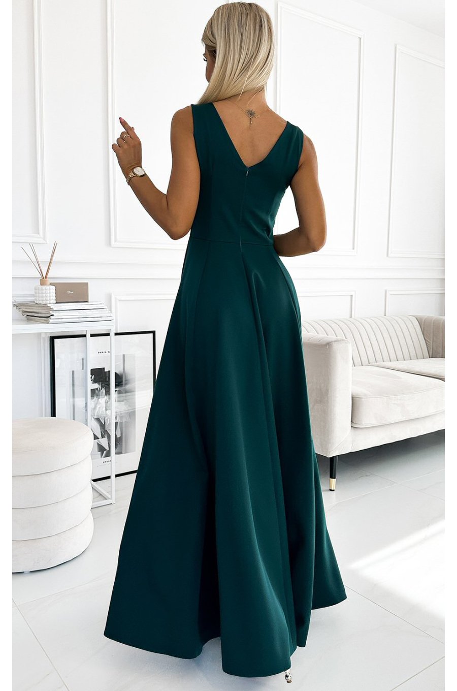 Rochie lunga verde smarald vaporoasa clasica Cindy 2 - jojofashion.ro