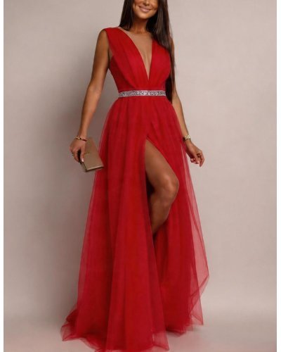 Rochie lunga rosie din tulle Adele - jojofashion.ro